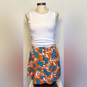 Bright Orange Floral Button-Front Mini Skirt with Blue Flowers - Sz L